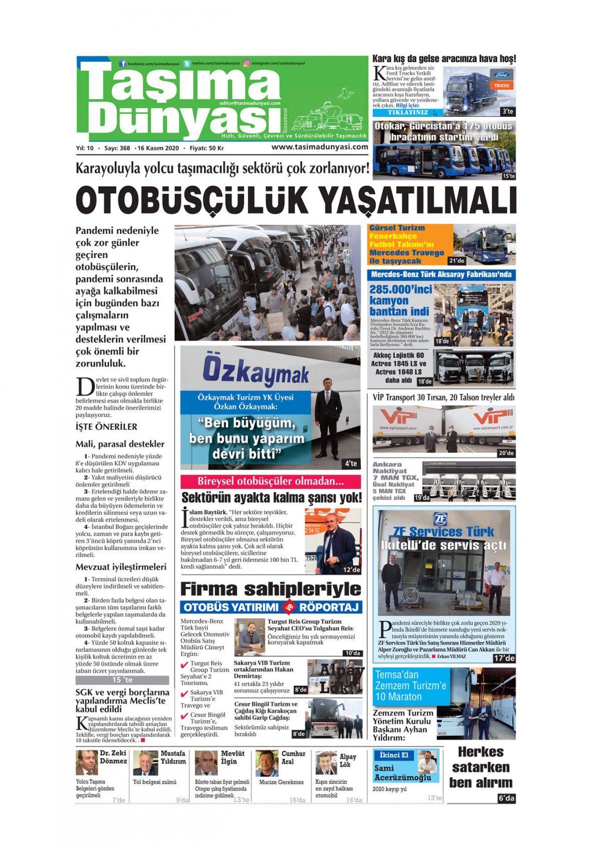 Taşıma Dünyası Gazetesi - 13.11.2020 Manşeti