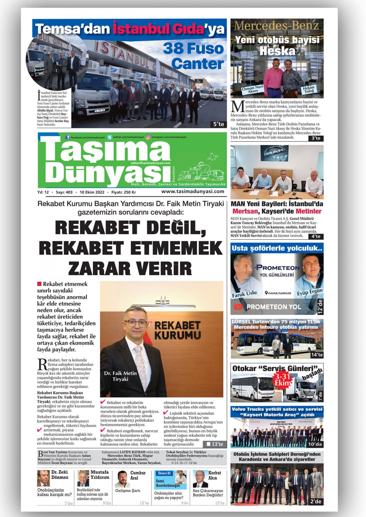 Taşıma Dünyası Gazetesi - 10.10.2022 Manşeti
