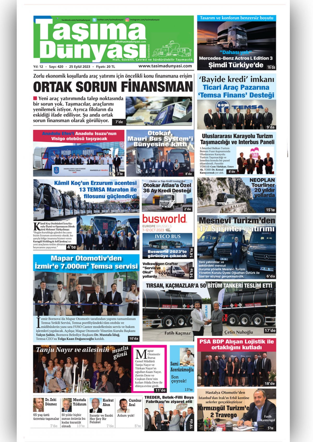 Taşıma Dünyası Gazetesi - 27.09.2023 Manşeti