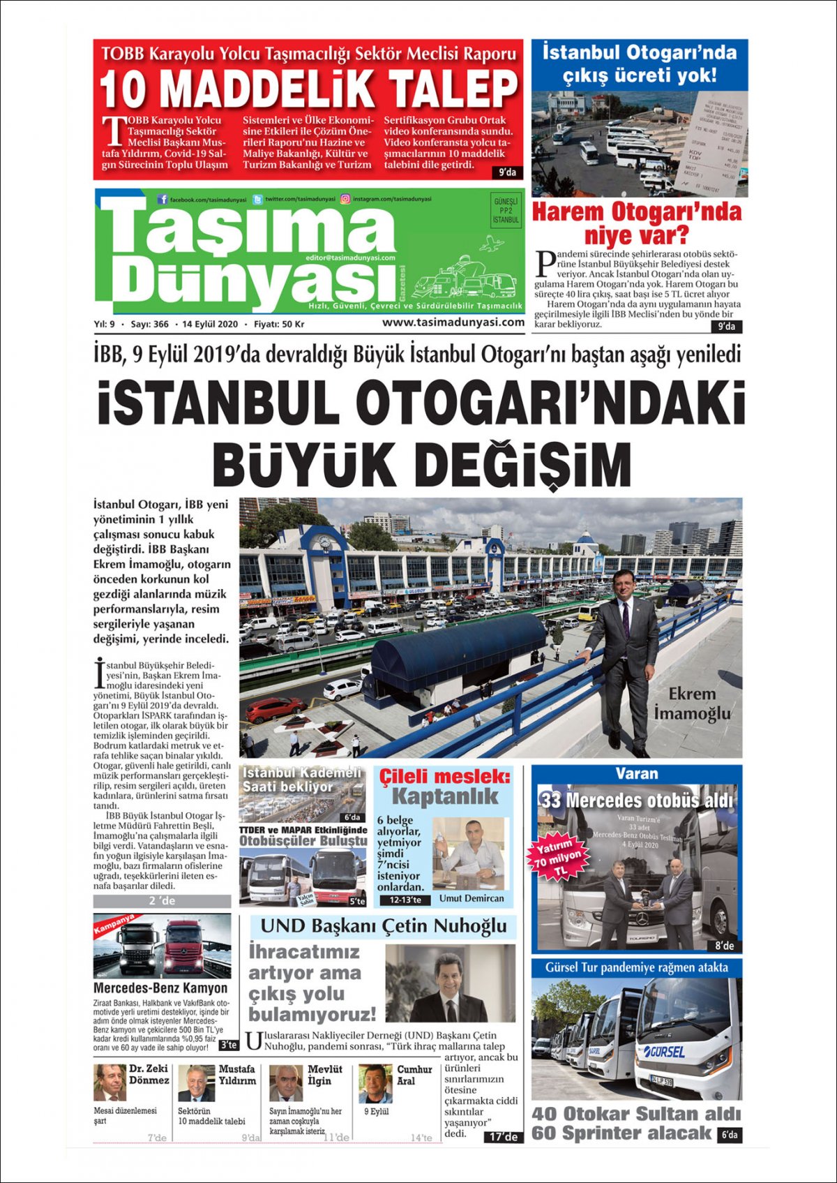 Taşıma Dünyası Gazetesi - 14.09.2020 Manşeti